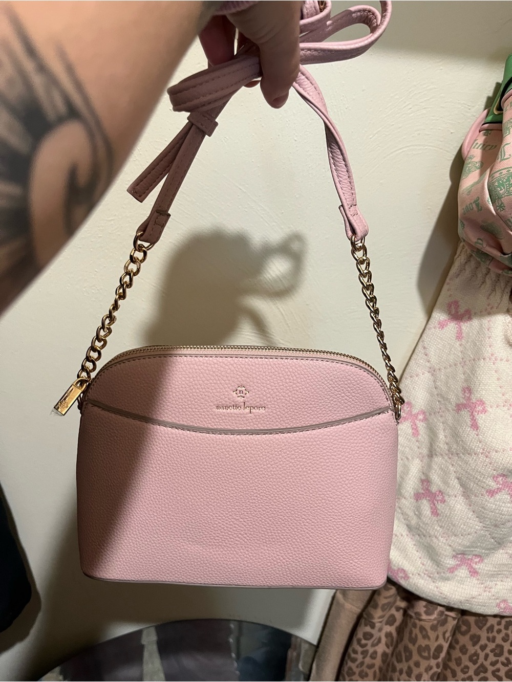 Nanette Lepore pink leather crossbody with gold chain